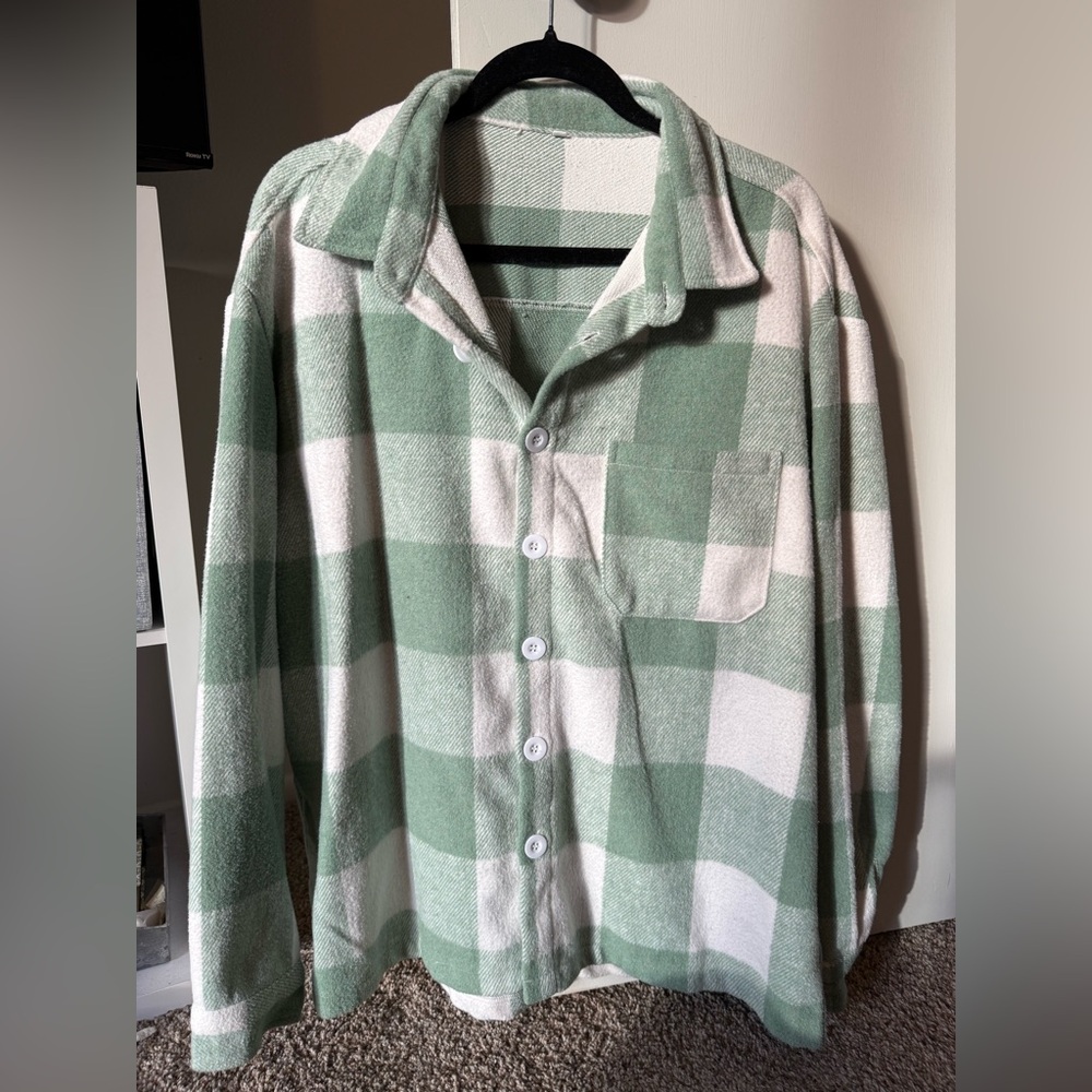 Green and White Plaid Button-Up Shirt